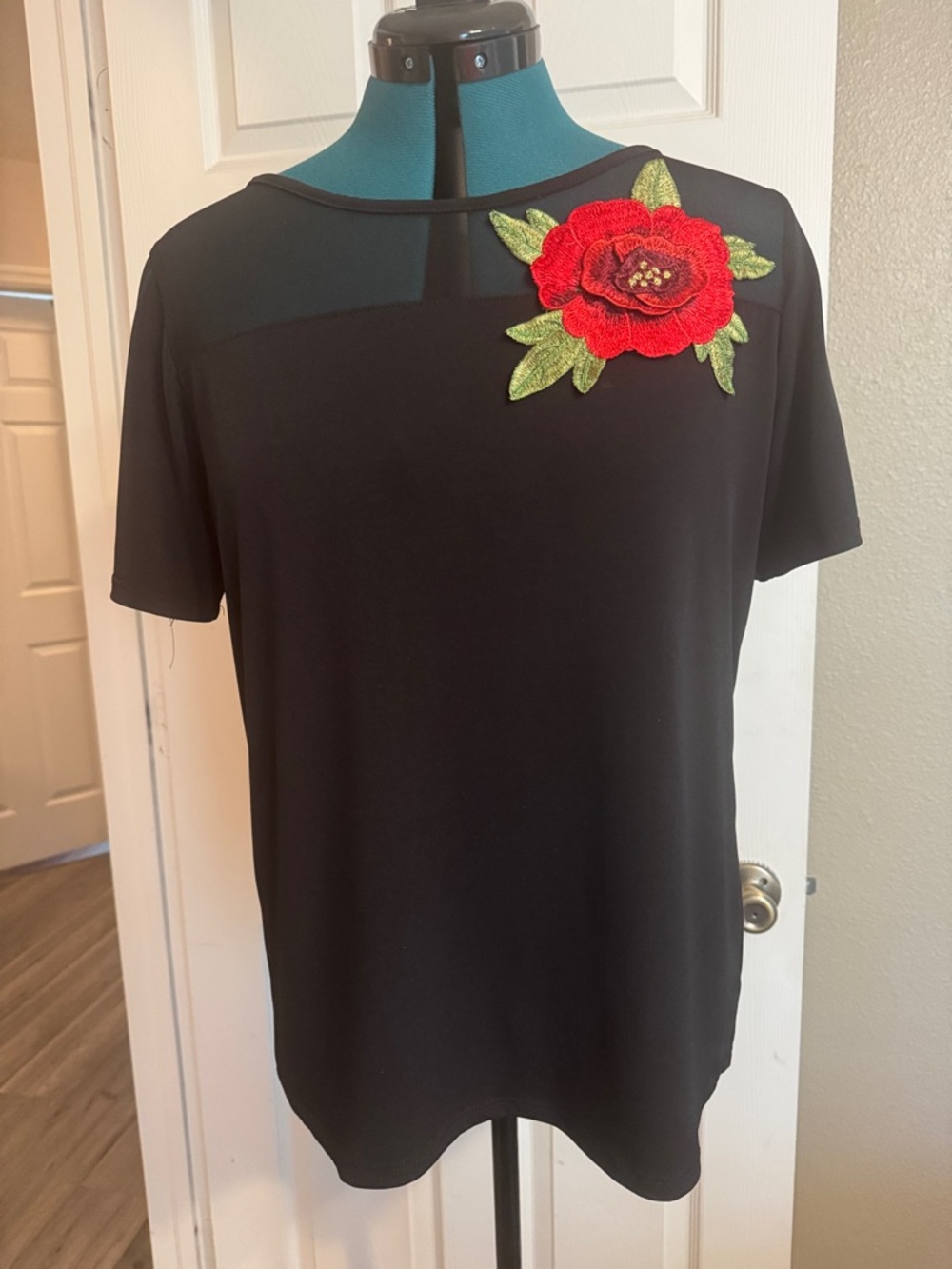 Simply Irresistible Black Short Sleeve Top with Red Floral Appliqué